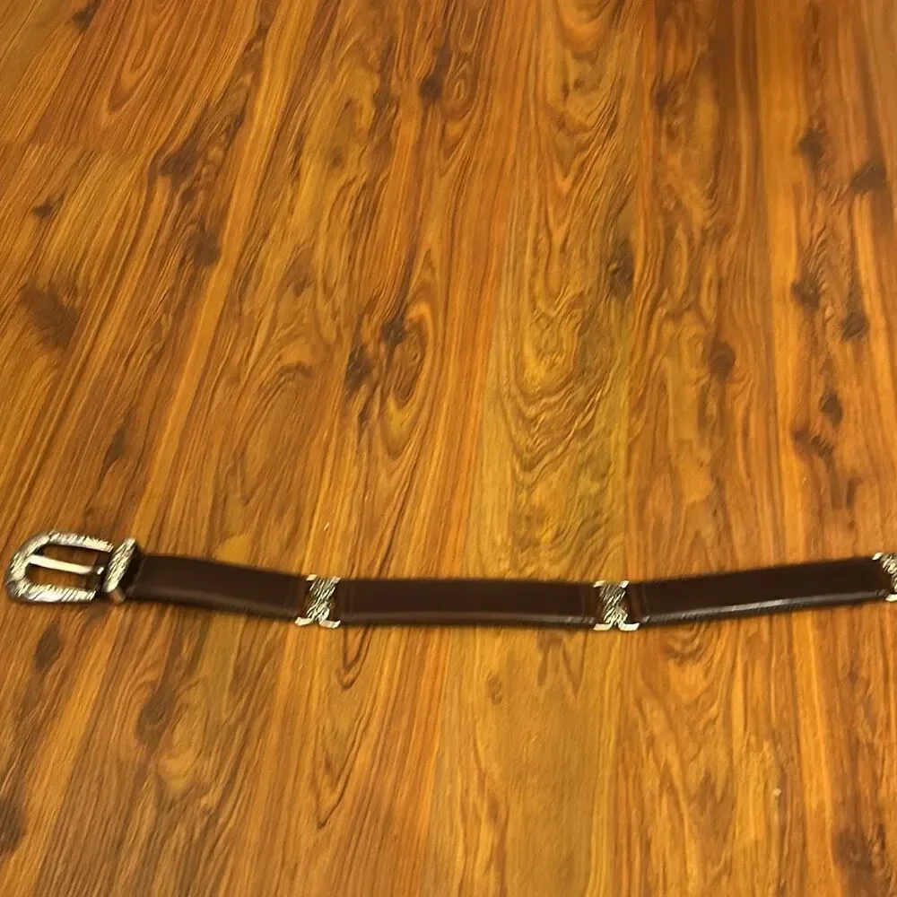 Fossil brown leather belt with silver buckle filigree hardware belt